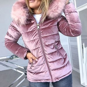 Kvinnor bomull vadderade jackor grå rosa huva päls krage tjock mode grundläggande snö ytterkläder vinter sammet jacka coat plus storlek