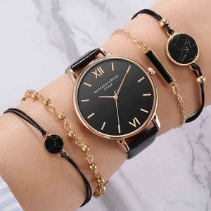 5PCS Set Style Fashion Women's Luxury Leather Band Analog Quartz Armbandsur Ladies Watch Kvinnor Klänning Reloj Mujer Black Clock