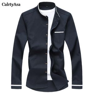 Calrtyasa Chiński styl Pure Color Oxford Shirt Męskie Moda Casual Mandarin Collar z długim rękawem Koszula społeczny mężczyzna denim niebieski