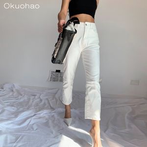 Women's Stretch Jeans Slim White Girlfriend High Waist Cropped Straight Pants 201105