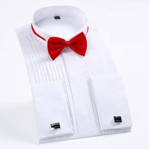 フレンチカフスと蝶ネクタイ1 プリーツ長袖ポケットレスデザイン白いウェディングドレスシャツY200409