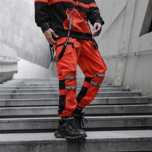 Orange Svart Vit Elastisk Midja Män Streetwear Fashion Ribbon Tactics Cargo Pants Hip Hop Sweatpants Märke Joggers Byxor 201109