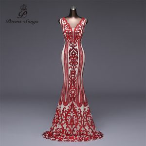 Poems Songs Formell Party Dress Long Afton Dress Vestido de Festa Luxury Red Sequin Robe Longue Prom Gowns LJ201124