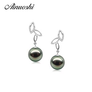 AINUOSHI Orecchini pendenti a forma di foglie in argento sterling 925 Natural South Sea Black Tahiti Pearl 9.5-10mm Round Pearl Drop Earring Y200107