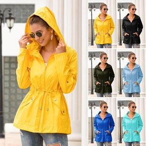 Women Waterproof Raincoat Hooded Coat Solid Color Pockets for Outdoor Climbing Fashion Casual Loose Coat Autumn