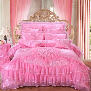 Luxury wedding bedding set 4/6/9pcs silk cotton Jacquard duvet cover red pink lace bedlinen bedspread T200706