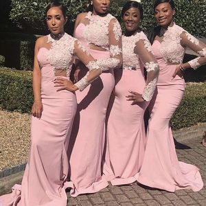 Pembe nedime elbiseler bir omuz uzun kollu dantel aplike deniz kızı süpürme treni Afrika artı onur elbisesi vestidos 403