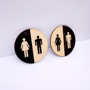 Väggklistermärken stycke rund toalettdörrtecken män kvinnor trä badrum wc akryl d svart spegel yta klistermärke hem dekoration
