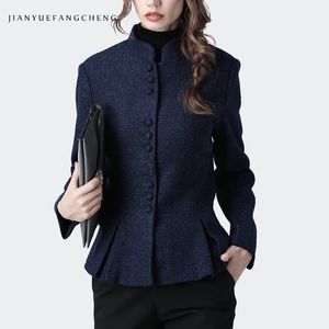 Vintage kinesisk stil kvinnor vinter ull kappa varm kort smal peplum blå topp stå krage casual office wear damer ullen rockar 210204