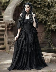 Abito da sposa nero gotico vittoriano vintage in pizzo con spalle scoperte Abiti da sposa Sweetheart Lunghezza pavimento Abiti da sposa Abiti da sposa Robes De Mariage