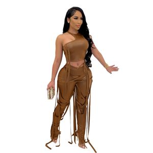 Damski Faux PU Leather Pant Top WHUTS Ustaw Sznurek Lace Up Szczurki Legginsy Suit Street Dressuit Dwie kawałek fitness strój