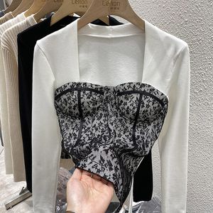 Spring Autumn new design women's square collar padded lace patchwork plus velvet long sleeve t-shirt tops SMLXLXXL