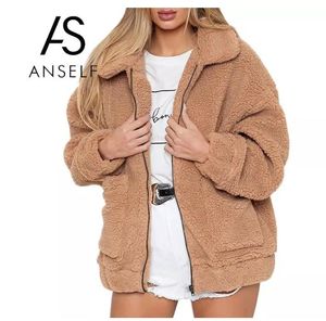 Vinter Kvinnor Faux Fur Solid Färg Jacka Fluffy Teddy Bear Fleece Zipper Fickor Långärmad Furry Coat Casual Street Wear