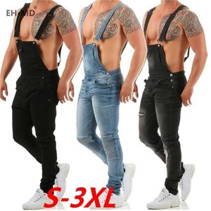 EHMD One-piece Overalls Jeans Men's Hole Scratched Black Trousers Popular Work Pants Slim Feet Wild Fashion Strap Comfortable 201111