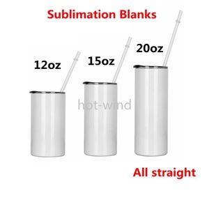 Sublimation Straight Tumblers with Lid Straw Blanks 12 15 20 oz Stainless Steel Car Cups Tumbler Travel Mugs Insulated Water Bottle DHL