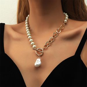 Vintage Elegant Asymmety Baroque Pearl Chain Halsband Kvinnor Bröllop Bridal Ot Buckle Big Ball Hänge Hals Tillbehör