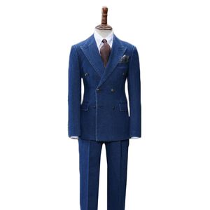 2 Pieces Oxford Men Suits Blue Handsome Double Breasted Custom Made Man Suits Casual Modern Tuxedos Peaked Lapel Blazer Business Coat+Pant
