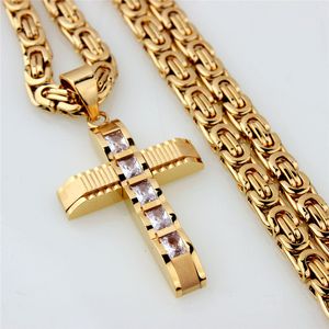 Hot Trendy Stainless Steel Yellow Gold Plated Bling CZ Cross Pendant Necklace for Men Women Punk Jewelry Gift