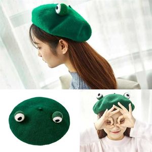 Women Cute Green Frog Eyes Beret Cap Winter Faux Wool Kawaii Painter Beanie Hat Drop 220113