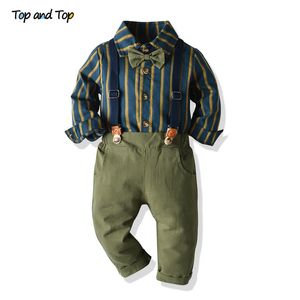 Üst ve üst Sonbahar Erkek Giyim Seti Uzun Kollu Çizgili Papyon Gömlek Tops + Askı Pantolon Bebek Çocuk Örgün Beyefendi Suit LJ201202
