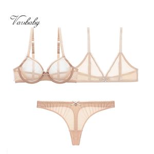 Varsbaby 섹시한 새로운 와이어 무료 2 Bras + Thongs 3pcs 원사 투명한 Unlined 32BC-38BCD 보우 브래지어 세트 LJ201031