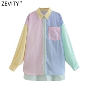 Zevity Mulheres Moda Contraste Cor Listrado Impressão Blusa Escritório Senhoras Breasted Camisas Casuais Chic Blusas Tops LS9314 220210