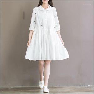 Partykleider Großhandel – Sommerkleid, kurzärmelig, Umlegekragen, weiß, hohe Taille, lässige Damen-Kleidung in Übergröße, Mori Girl1