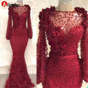 새로운! 2022 놀라운 부르고뉴 인어 Prom Dresses Sheer Jewel Neck Long Sleeve 레이스 Appliques 아랍어 이브닝 드레스 가운 Vestidos de Gala Xu