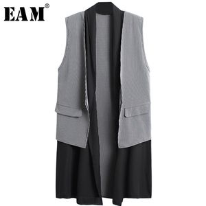 [Eam] New Spring Summer Cardigan Sem Mangas Bolsos Completo Preança Completo Temperamento Longo Vest Mulheres Moda Maré JX797 201028