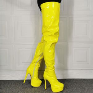 Kvinnor Sexiga Ljusgul Lackläder Stövlar Tunna Högklackar Hög Platform Lår Botas Över Knä Fashion Knight Dress Booties