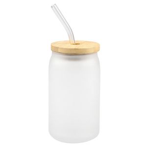 Copo de sublimação 350ml 500ml 12oz 16oz caneca de cerveja DIY garrafa transparente fosca cola pode moldar com tampa de bambu de madeira e transferência de calor de café de palha