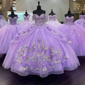 Leylak Quinceanera Elbiseler 3D Çiçek Aplike Omuz Kat Uzunluğu Tül Tülle 16 Pageant Balo Gown Özel Yapımı resmi OCN Wear Vestidos 403 403