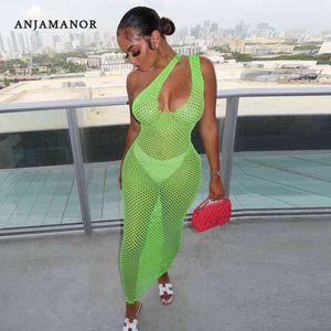 Anjamanor Sexy One Schulter Hollow Fishnet Mesh Maxi Kleider Geburtstagsfeier Outfits durch Bodycon Long Kleider D85-AH17 Y220228