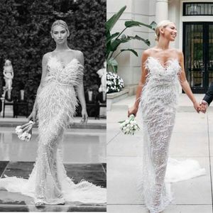 Spaghetti Straps New Dresses Mermaid Feather Sequins Bridal Gowns Elegant Sweep Train Boho Wedding Dress