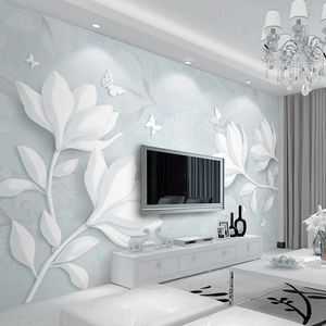 Foto personalizzata Fiore in rilievo bianco Farfalla Murale 3D Modern Home Improvement Design Soggiorno TV Sfondo Affresco Carta da parati