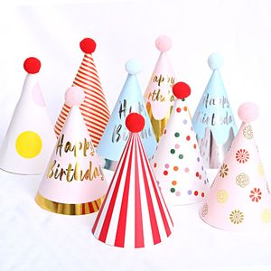 Urodziny Party Paper Hats Spot Stripe Baby Kids Handmade Cap Decoration Kapelusz z liną dekoracją