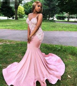 New Pink Sexy South African Black Girls Prom Evening Dresses Nigeria Spaghetti Straps Prom Dresses Party Gowns Plus Size Custom Made L55