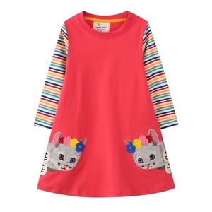 Cat Applique Girls Abiti Cotton Princess Long Sleeve Baby Dress Animali Bambini Costume Party Cute 220309