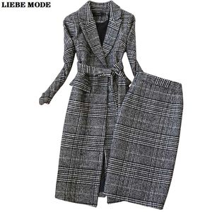 Sonbahar Kış kadın Yün Ekose Business Suits Uzun Trençkot Diz Boyu Etekler Korece Örgün İş Giyim Kıyafetler 220302
