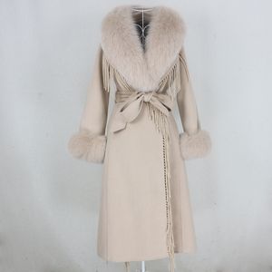 Oftbuy X-Long Tassel Cashmere Ullblandningar Real Fur Coat Bälte Vinterjacka Kvinnor Naturliga Fox Fur Collar Manschetter Streetwear 201103