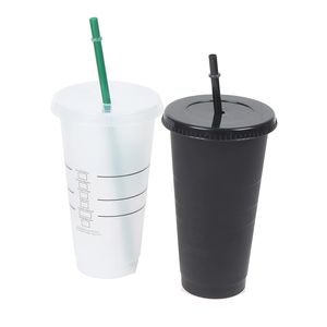 Vaso De Café Negro al por mayor-Sublimación tazas ml Tazas de paja blancas negras con tapa Cambio de color Coffes Tazas reutilizables Tazas de plástico Taza de café Matte Taza