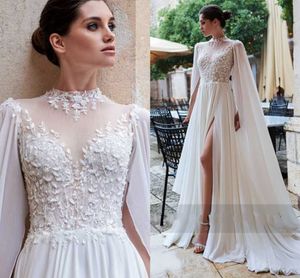 New High Neck Chiffon Boho Wedding Dresses 2024 Plus Size Beach Lace Bride Gowns with Watteau Train Backless Vestido De Mariee