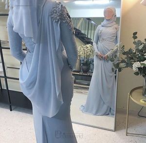 Dubai Kaftan Mangas compridas de longa cordas Vestidos de noite formal 2022 flores frisadas chiffon luz azul muçulmano vestidos de baile de baile abiye gece elbiseyi