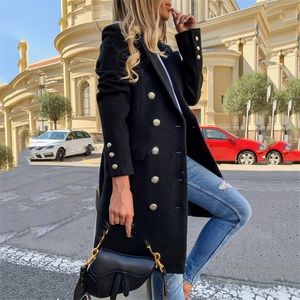 Faux Wool Blends Women Long Coats Trench Notch Collar Double Breasted Vintage Elegant Lady Plus Size Jackets Winter Outerwear 201102