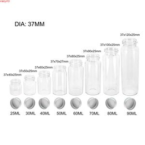 6PC 25 ml 30ml 40ml 60ml 70ml 80ml 90ml Mini Glass Clear Bottle med silverskruv Aluminium Cap Food Container Jars Valshigh Qualtity