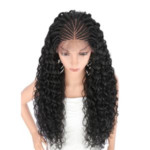 Handtied 13x4 lace frontal Braided Black Synthetic Lace Front with Baby Hair Curly Wavy for Cosplay Wig Women Wigs