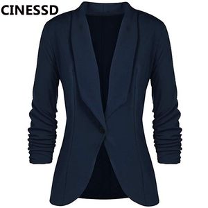 CINESSD Office Lady Blazers Coat Solid Long Sleeves Cardigan Button Casual Suit Navy Blue Draped Slim Cotton Women Blazer Jacket 201201