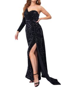 Vestido longo com lantejoulas, vestido preto sexy de outono e inverno com uma manga curta vestidos de festa