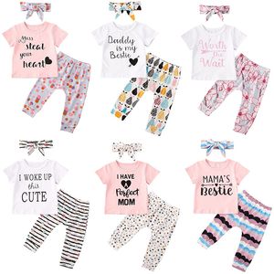Baby Girls Cartoon Outfits 6 Style Letter T-shirts Infant Toddler Baby Kläder Striped Pants Dots Floral Byxor med huvudband M3274