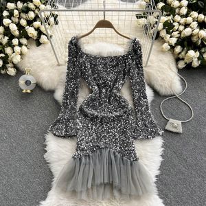 Outono feminino lantejoulas vestido de festa sexy gola quadrada alargamento manga longa cintura alta malha retalhos vestidos femininos 2022 novo robe